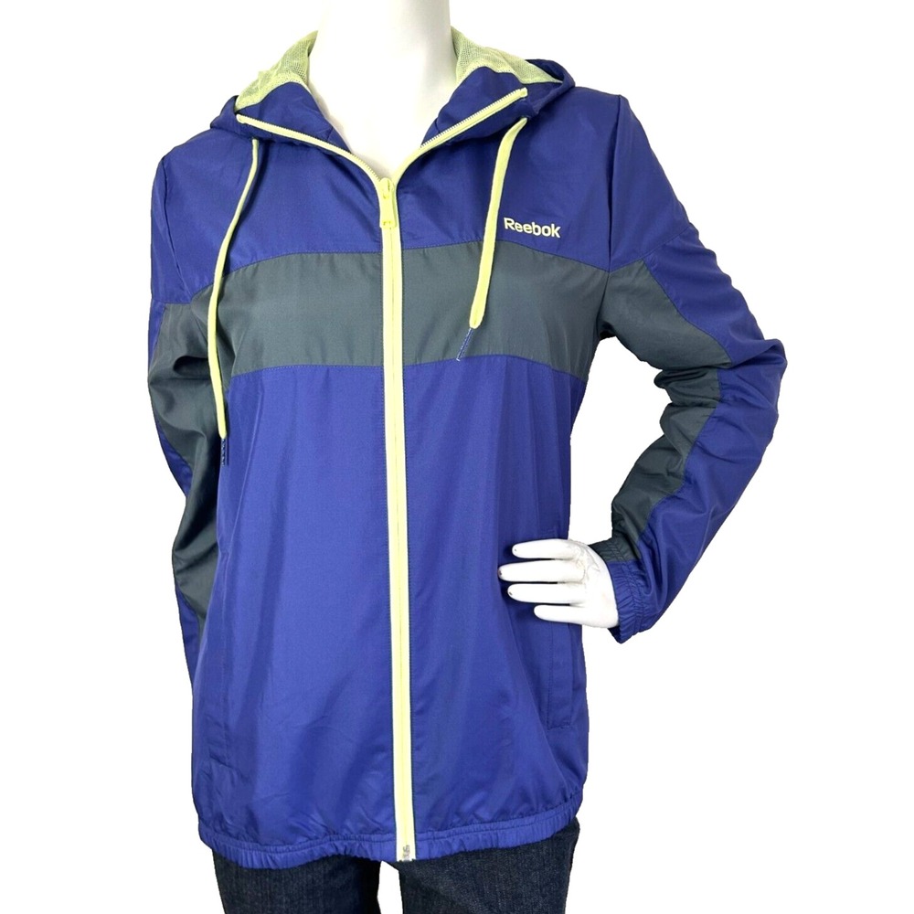 Reebok Womens Colorblock Windbreaker Jacket Gorpcore Blue Neon Yellow Small EUC